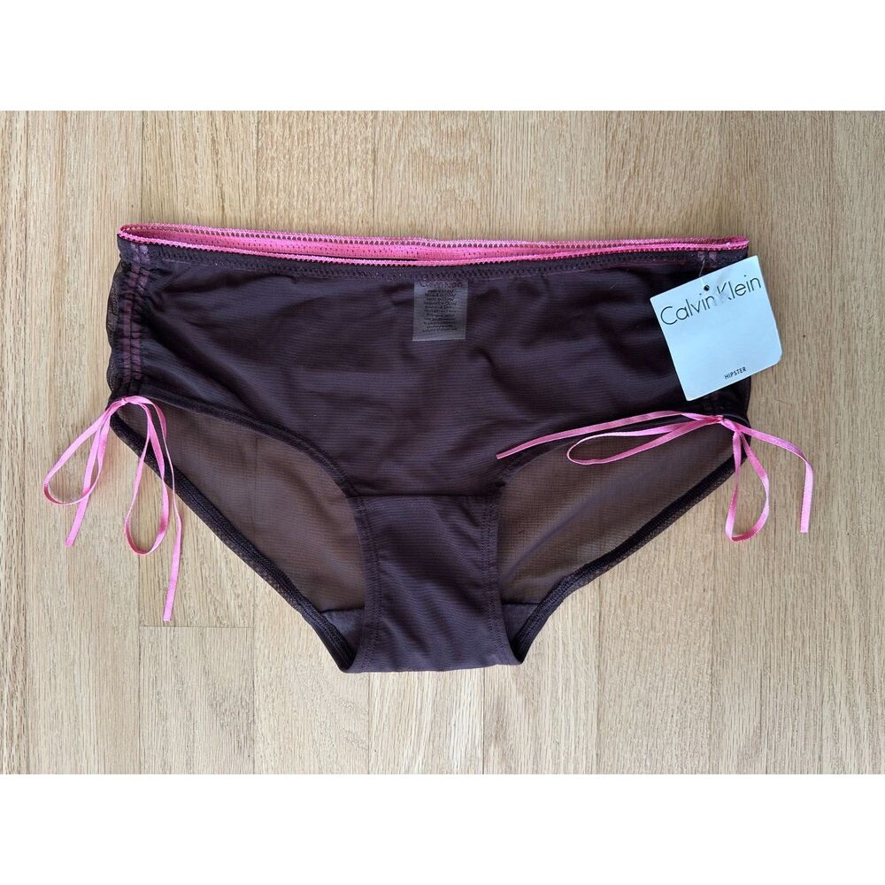 NWT Vintage Calvin Klein Sheer Mesh Hipster Panties Brown Pink Bows Coquette Sm